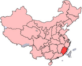 Map of China showing Fujian (marked in red)